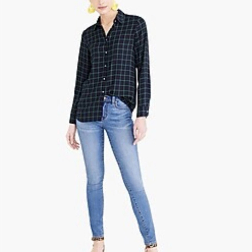 J. Crew Black and Green Grid Pattern Drapey Collared Button Up Shirt